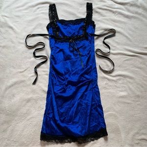 Vintage Betsey Johnson 100% Silk Royal Blue & Black Mini Dress w Ribbon & Lace